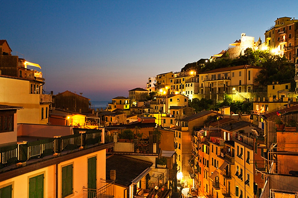 Riomaggiore Rooftops and the Castle at Dusk