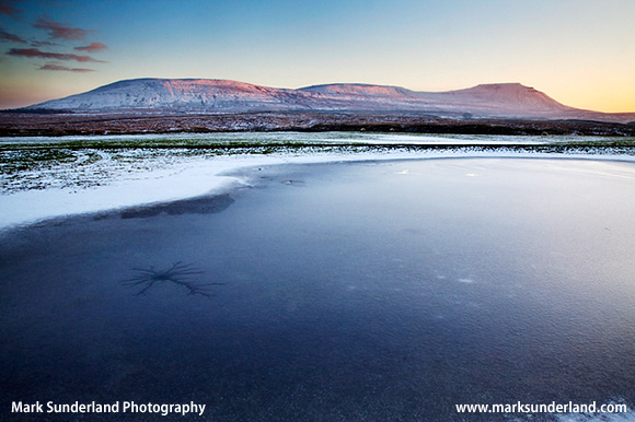 Frozen Pool and Park Fell Simon Fell and Ingleborough at Sunset