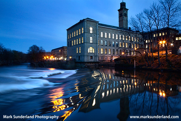 New Mill by the River Aire at Dusk Saltaire West Yorkshire England