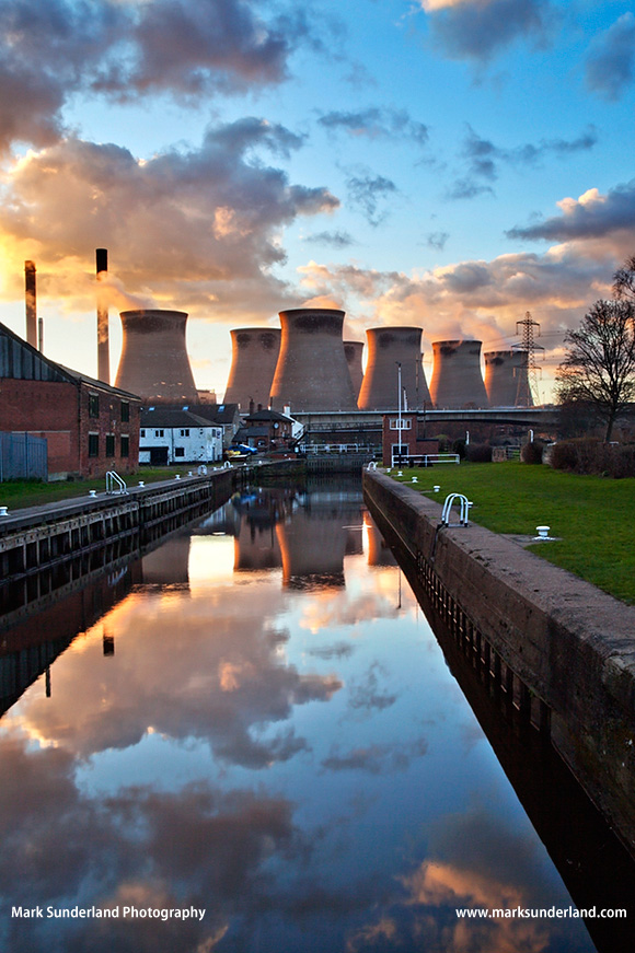 Ferrybridge Power Station from Ferrybridge at Sunset Lock Aire and Calder Navigation Ferrybridge West Yorkshire England