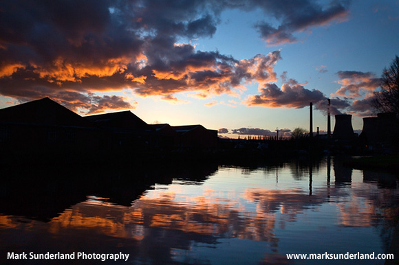 Ferrybridge Power Station Reflected in the Aire and Calder Navigation at Sunset Ferrybridge West Yorkshire England