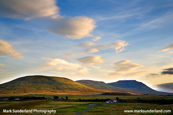 Park Fell Simon Fell and Ingleborough from Ribblehead at sunset in summer Yorkshire Dales England