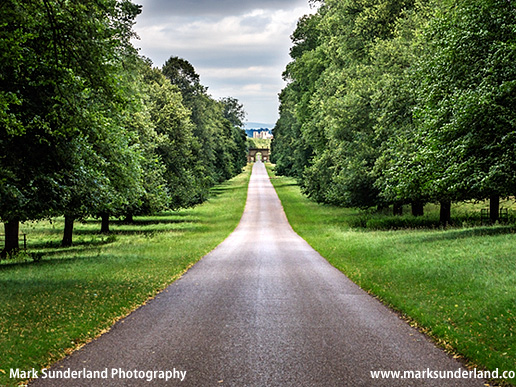 View along an Avenue to the Gate at Studley Roger with Ripon Cathedral Beyond at Studley Park Ripon North Yorkshire England