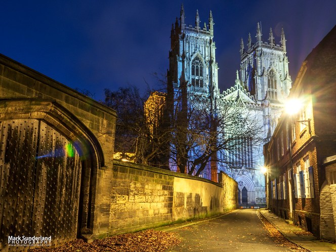 Floodlit York Minster from Precentors Court at dusk