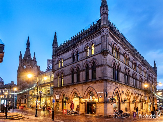 The Victorian Wool Exchange building at dusk, Bradford