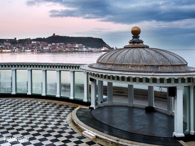 View across South Bay from the Sun Court at Scarborough Spa towards Castle Hill